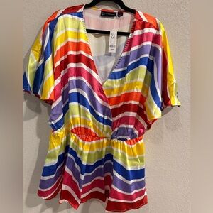 New York & Company Multicolor Striped V-Neck Blouse